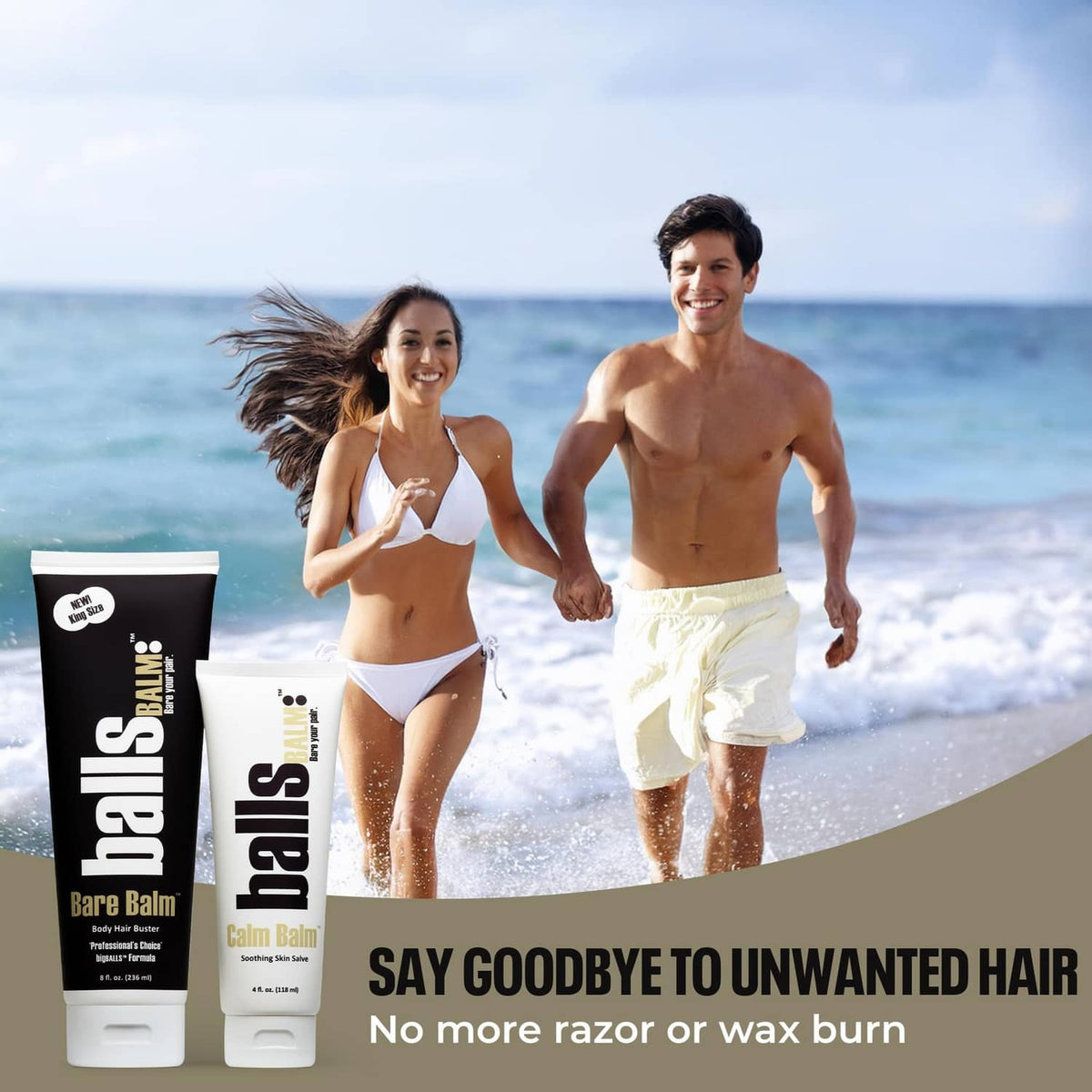 Bare Balm body hair buster cream tubes on beach promo, black and white packaging