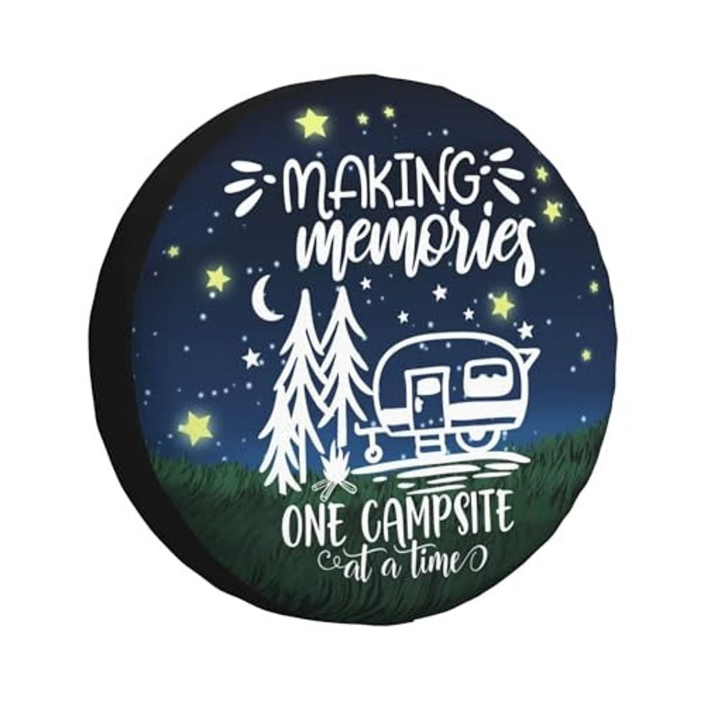 Round spare tire cover with dark blue starry design, campsite text, and camper scene