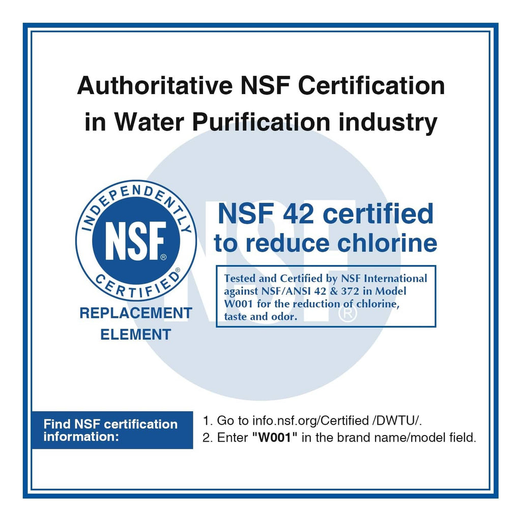 White refrigerator water filter cartridge with NSF-style certification badge graphic