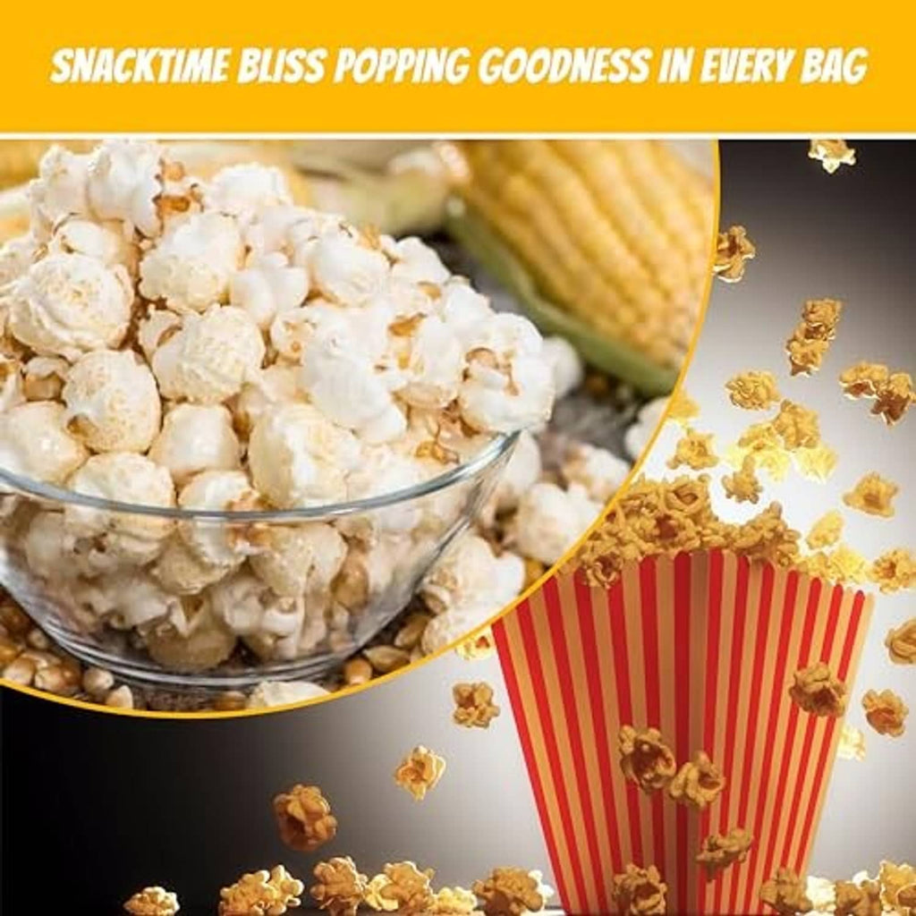 Glass bowl of popped popcorn with red striped paper popcorn cup