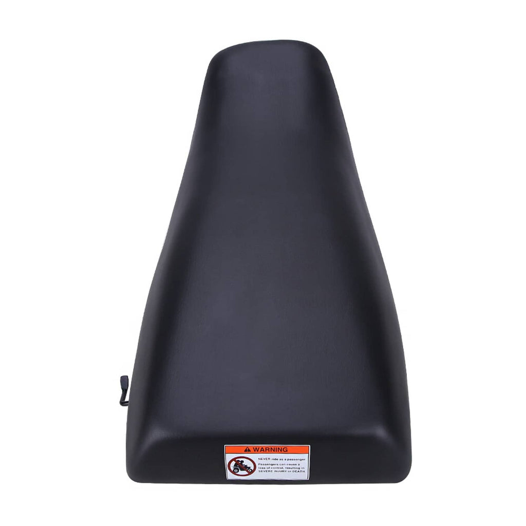 Black ATV seat assembly with rectangular warning label
