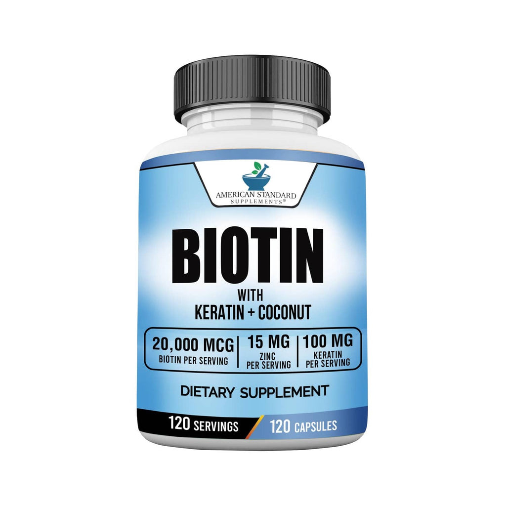 Biotin dietary supplement bottle with keratin + coconut, 120 capsules