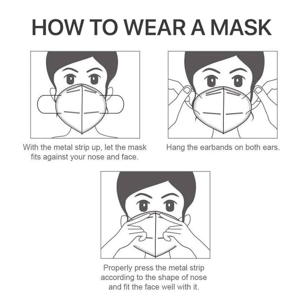 Black KN95 face mask care diagram showing fit and nose strip placement