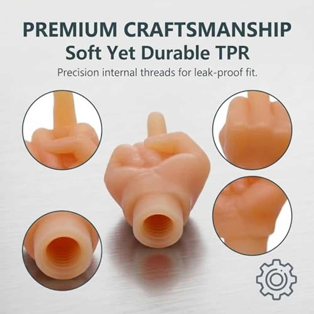 Orange middle-finger valve stem caps with visible inner threading detail.