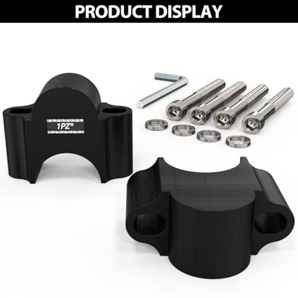 Black handlebar riser clamps with hardware and hex wrench on white background