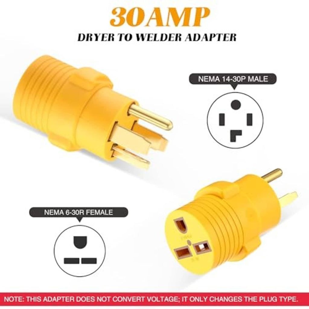 Yellow 30A dryer-to-welder adapter with NEMA 14-30P male and 6-30R female ends