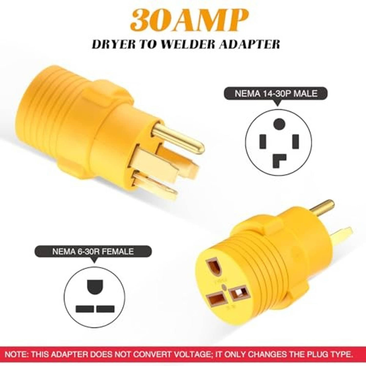 Yellow 30A dryer-to-welder adapter with NEMA 14-30P male and 6-30R female ends