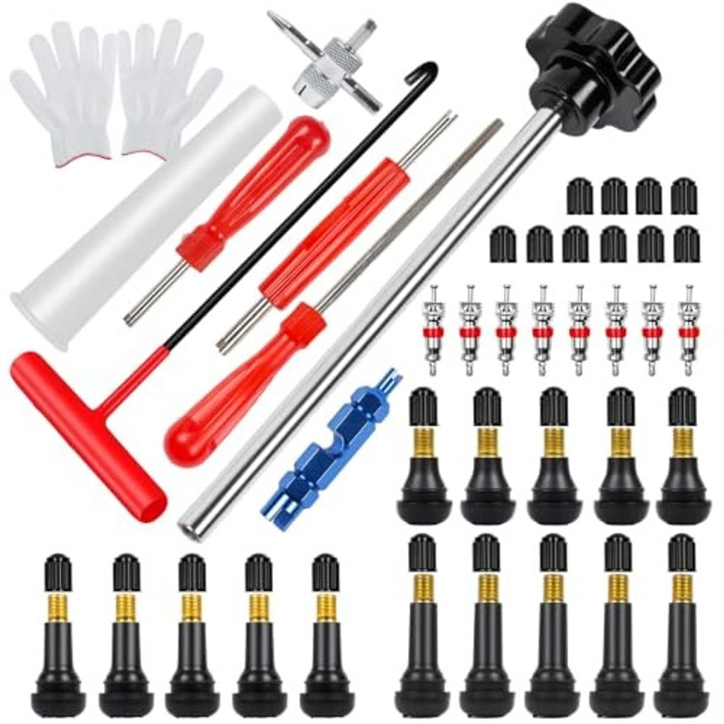 Tire valve stem tool set with valve cores, caps, and stem removal tools