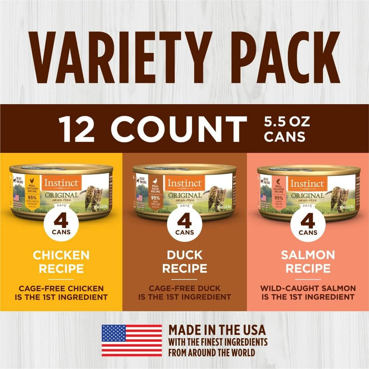 Instinct grain-free pate wet cat food nutrition panel with 12 count variety pack details