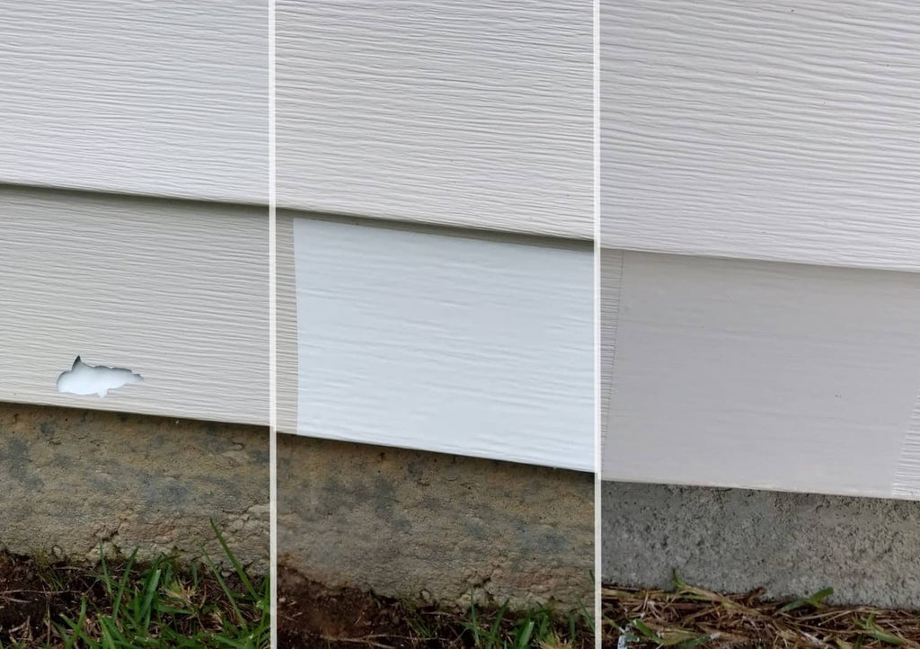 Mendyl vinyl siding repair kit: close-up of small hole on white vinyl siding