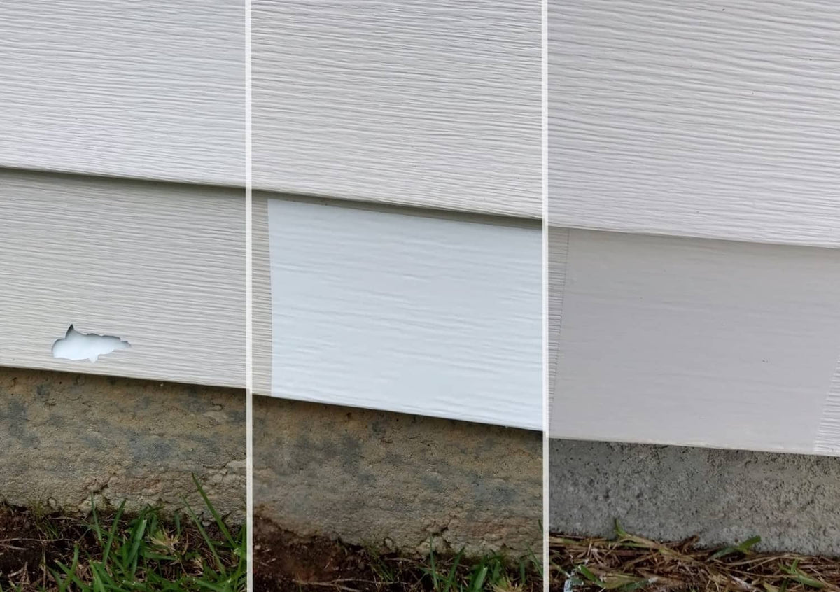 Mendyl vinyl siding repair kit: close-up of small hole on white vinyl siding