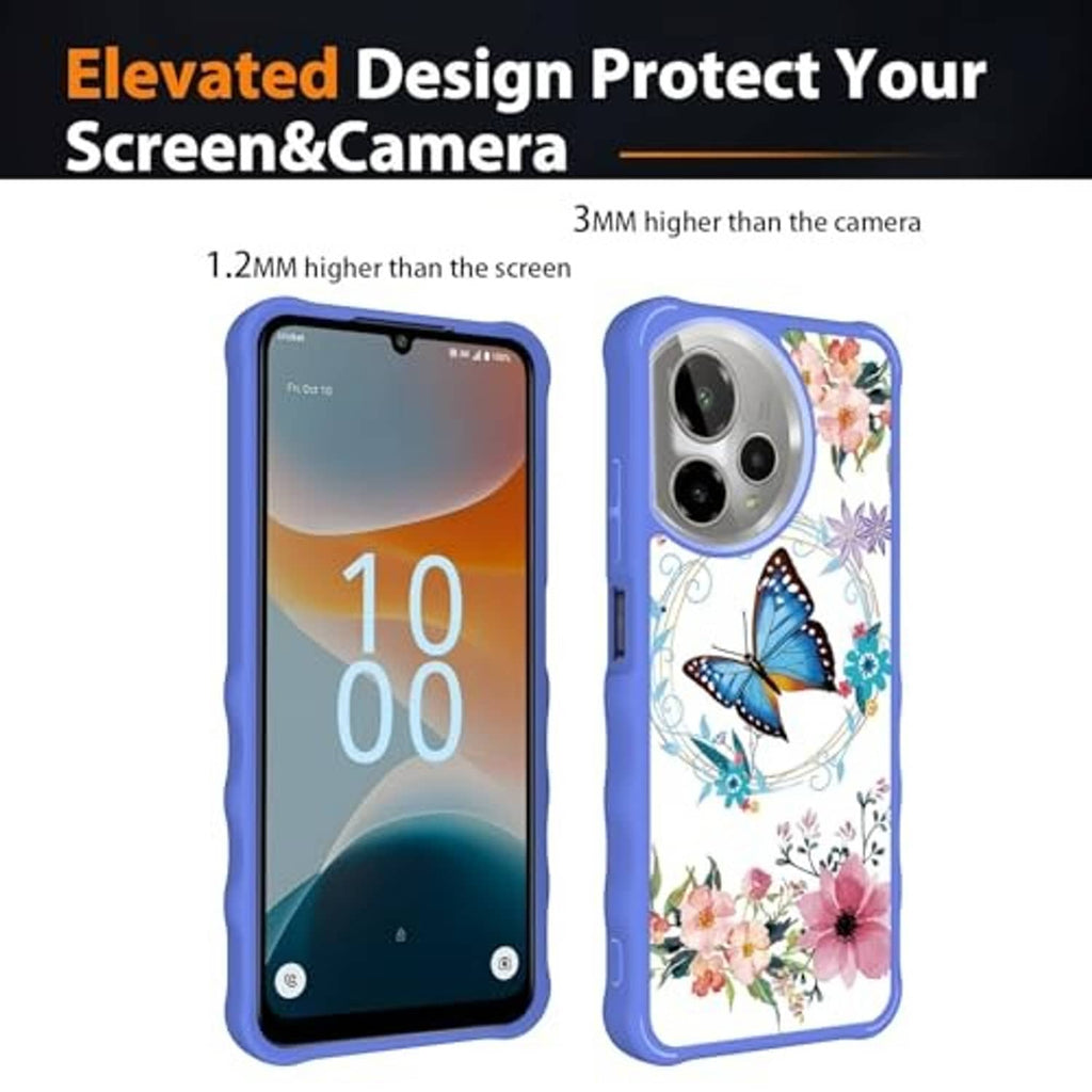 Blue and white floral butterfly phone case with dual camera cutouts and screen lip protection