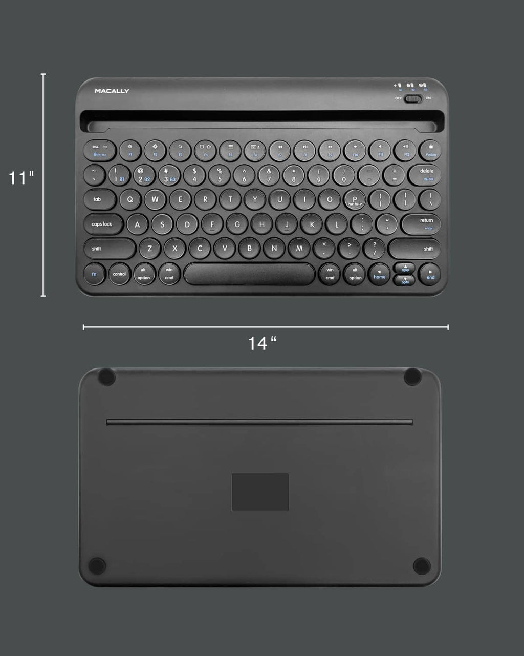 Black Bluetooth keyboard front and back views with size dimensions