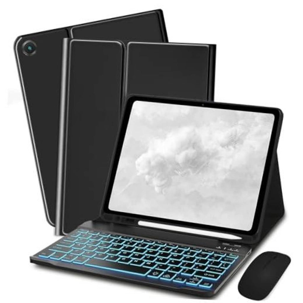 Black tablet keyboard case with backlit keys, kickstand, and wireless mouse