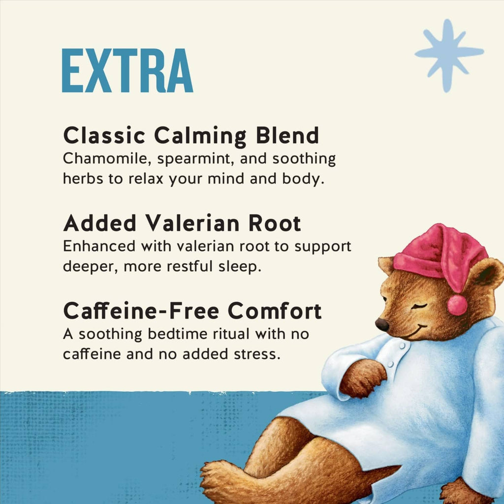 Sleepytime Extra tea blend box panel: classic calming blend, added valerian root