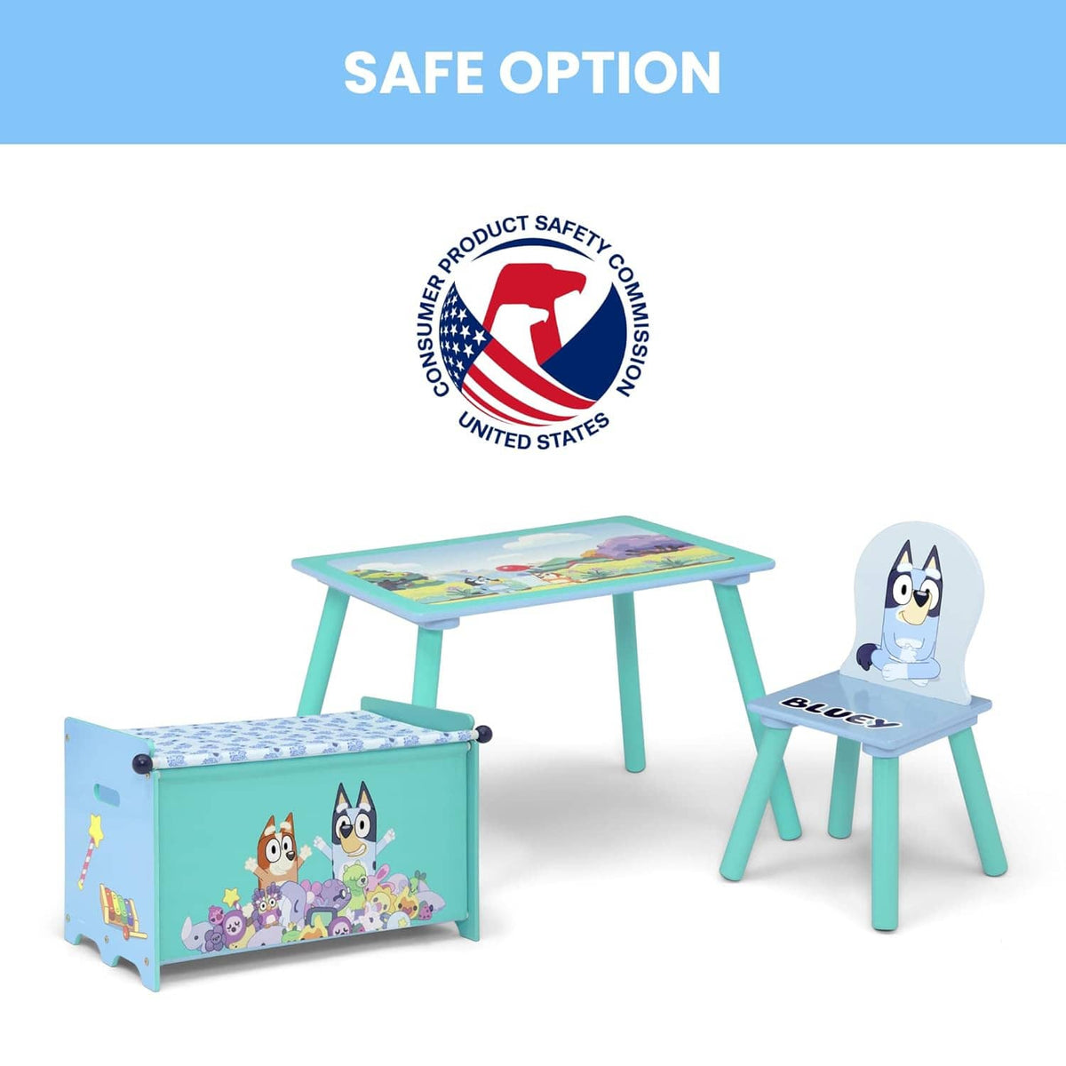 Bluey play table, chair, and toy box set with teal frames and character graphic panels