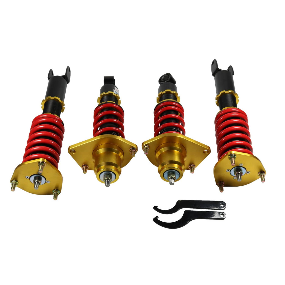 Coilover shock struts with red springs, black bodies, gold mounts, plus adjustment bracket set