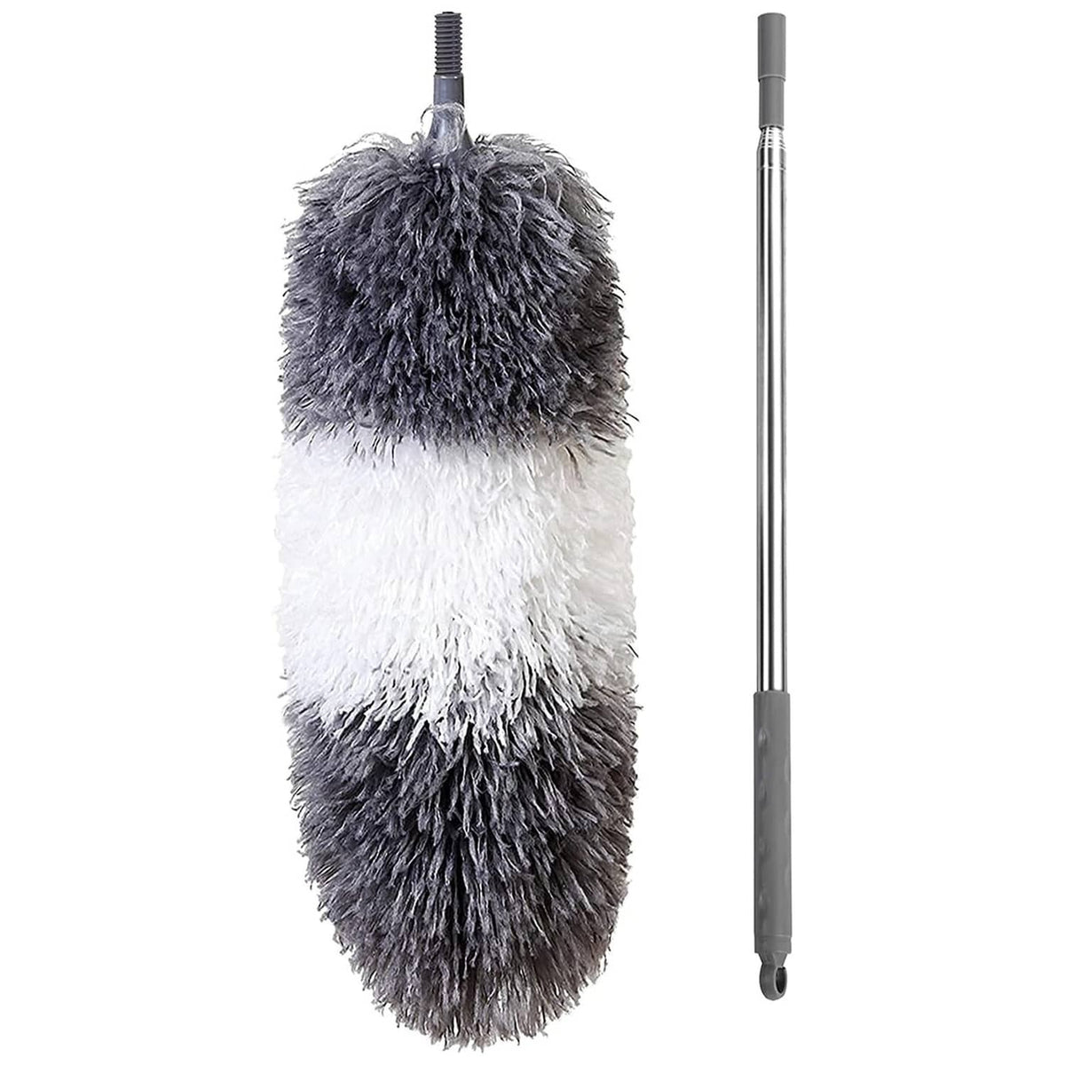 Microfiber feather duster with dark gray and white fluffy head on extendable pole