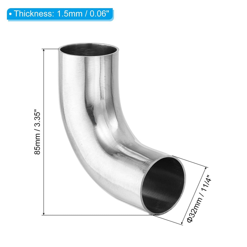 90-degree stainless steel exhaust elbow with matte silver finish, two open ends