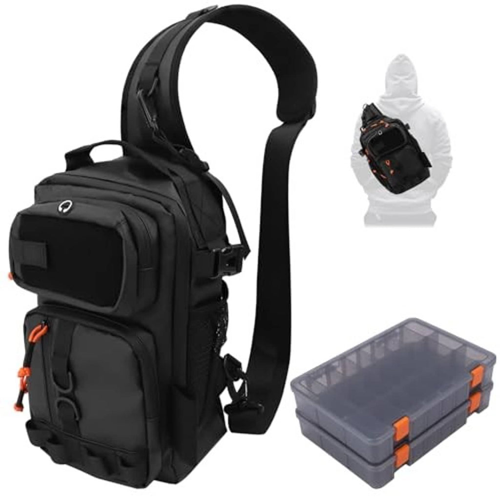 Black fishing sling backpack with a tackle box beside it and an adjustable shoulder strap