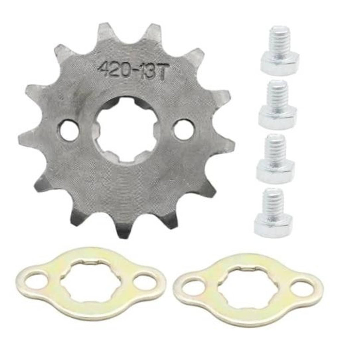 Motorcycle front sprocket 420-13T with mounting bolts and two yellow chain cover gaskets