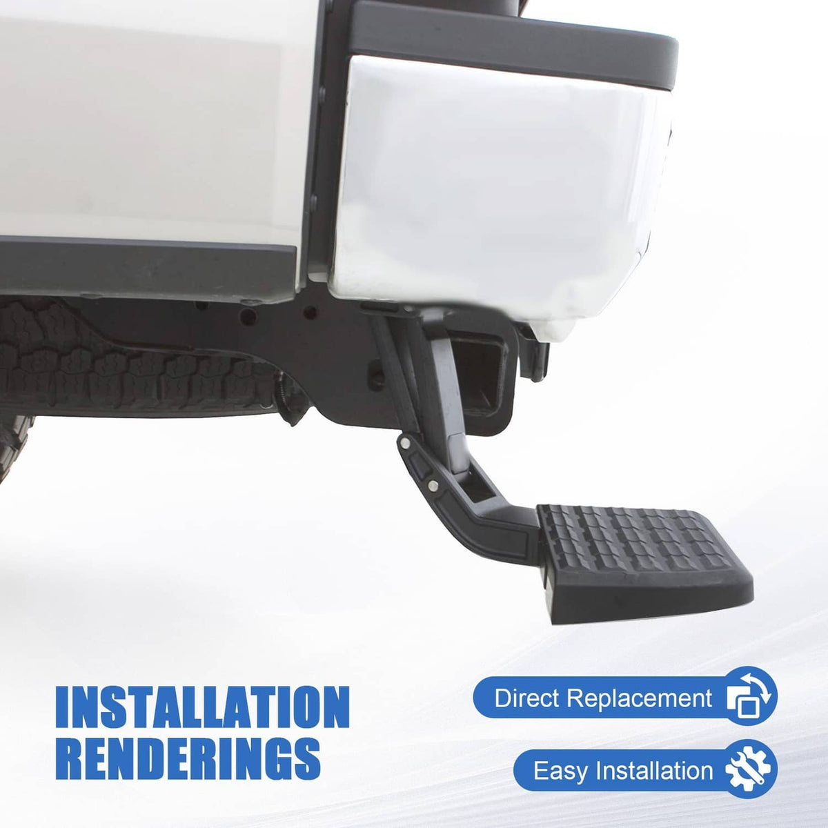 Retractable rear tailgate step extended from bumper with black ribbed foot pad