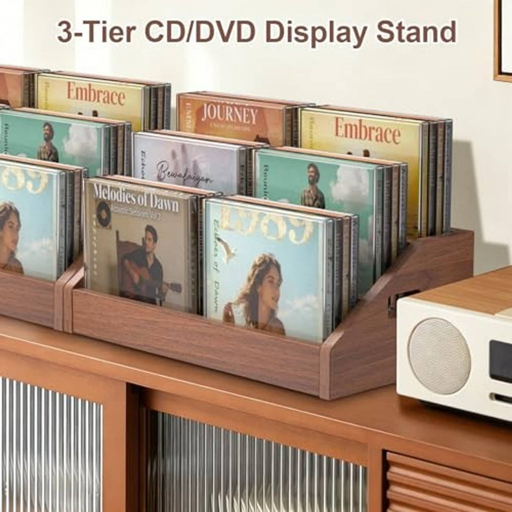 Brown 3-tier CD/DVD display stand with discs in the front slots
