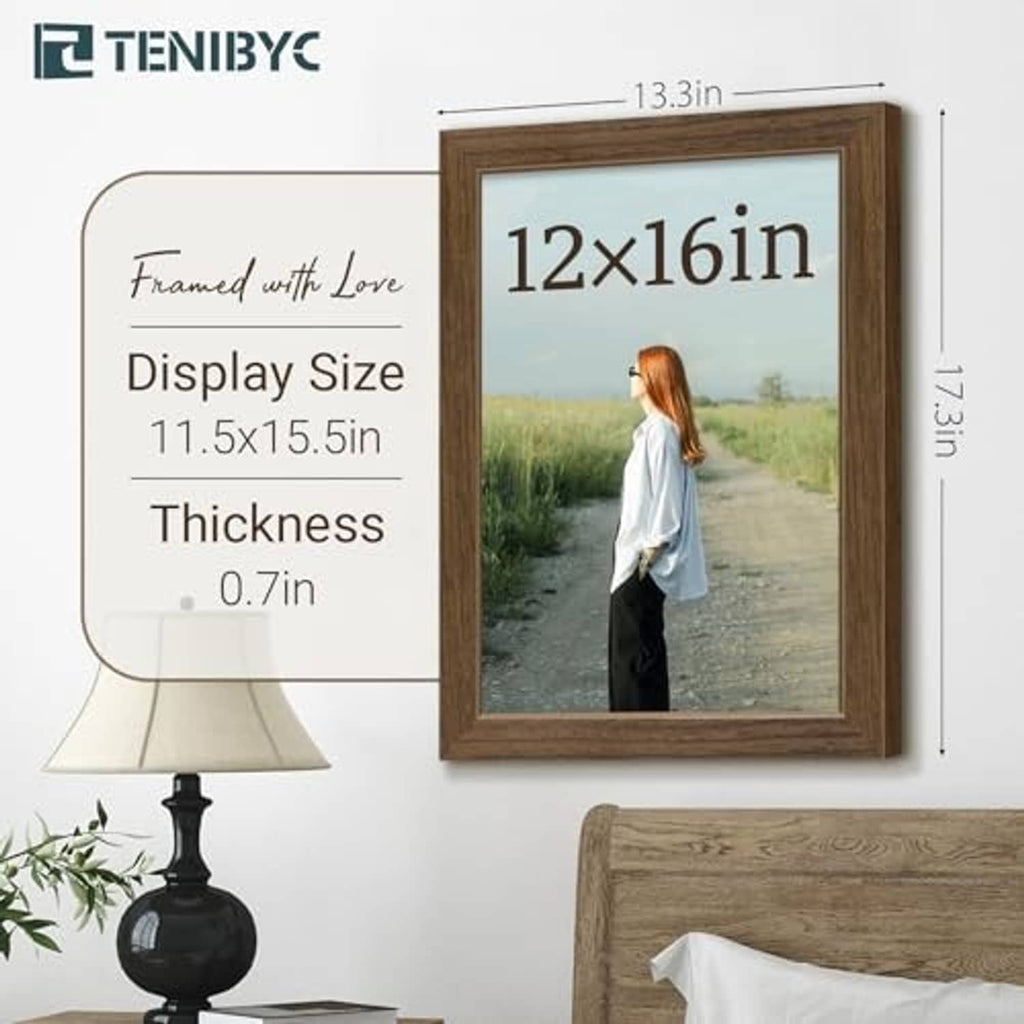 Brown 12x16 picture frame size diagram: display 11.5x15.5 in, thickness 0.7 in