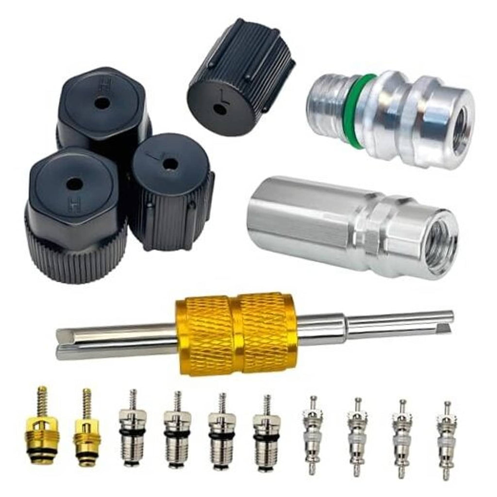 Air conditioning valve core kit with black caps, metal fittings, green O-ring, and valve cores