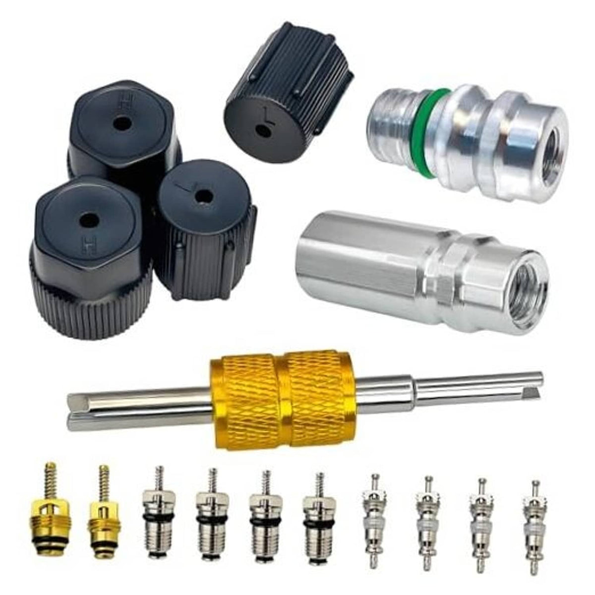 Air conditioning valve core kit with black caps, metal fittings, green O-ring, and valve cores