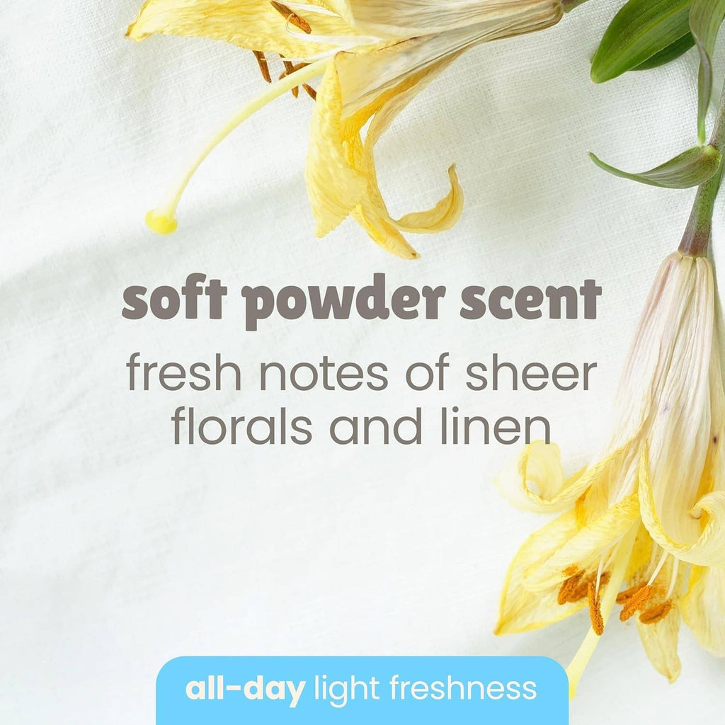 Soft powder scent graphic with fresh notes of sheers florals and linen.