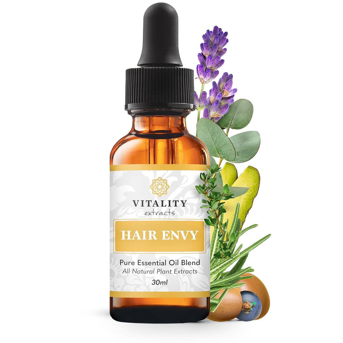 Amber essential oil hair growth serum dropper bottle with 'Hair Envy' label and flowers