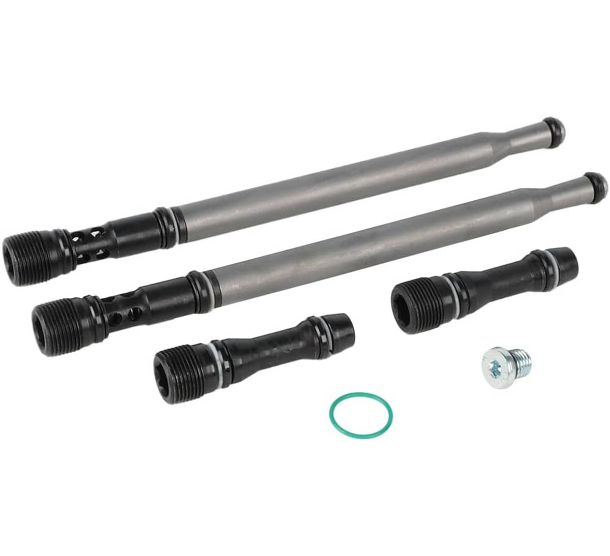 Oil stand pipe dummy plug set with two long black tubes, small plug, green O-ring