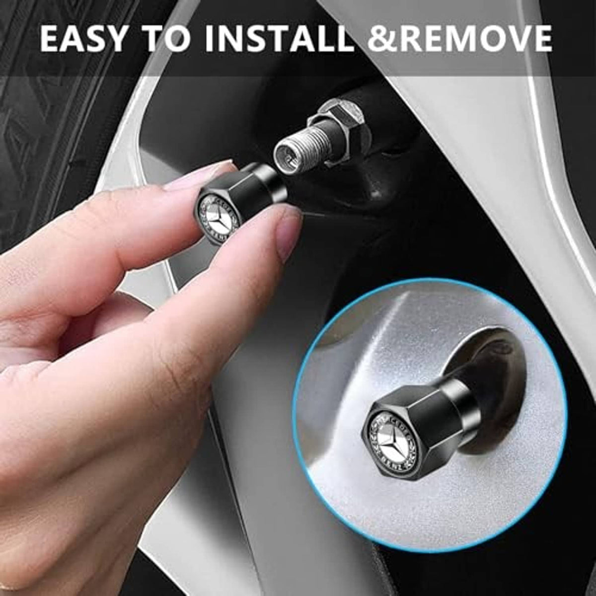 Hand installing a black Mercedes-Benz logo tire valve stem cap on a car wheel
