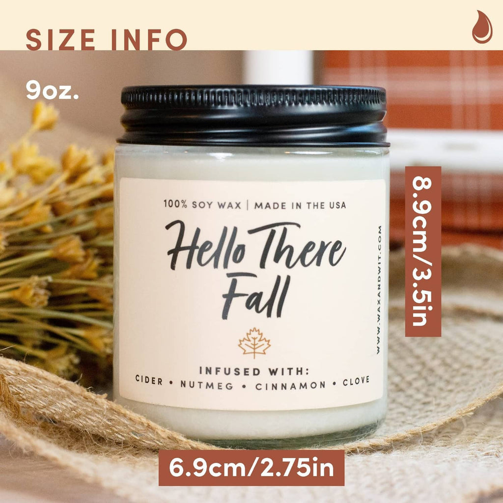 9 oz soy candle jar with 'Hello There Fall' label, dimensions marked at right