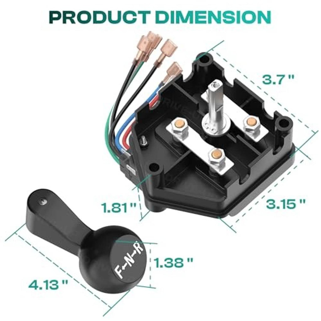 Black F-N-R switch with handle and terminal block shown with measurement callouts