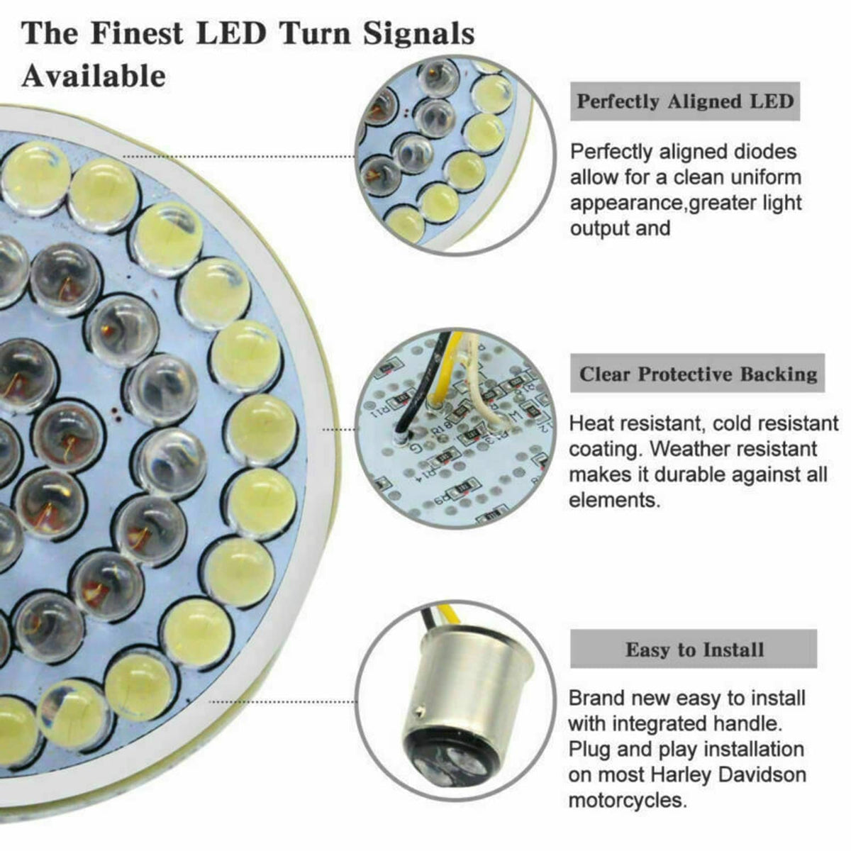 Close-up diagram of round LED turn signal board with diode layout and protective backing