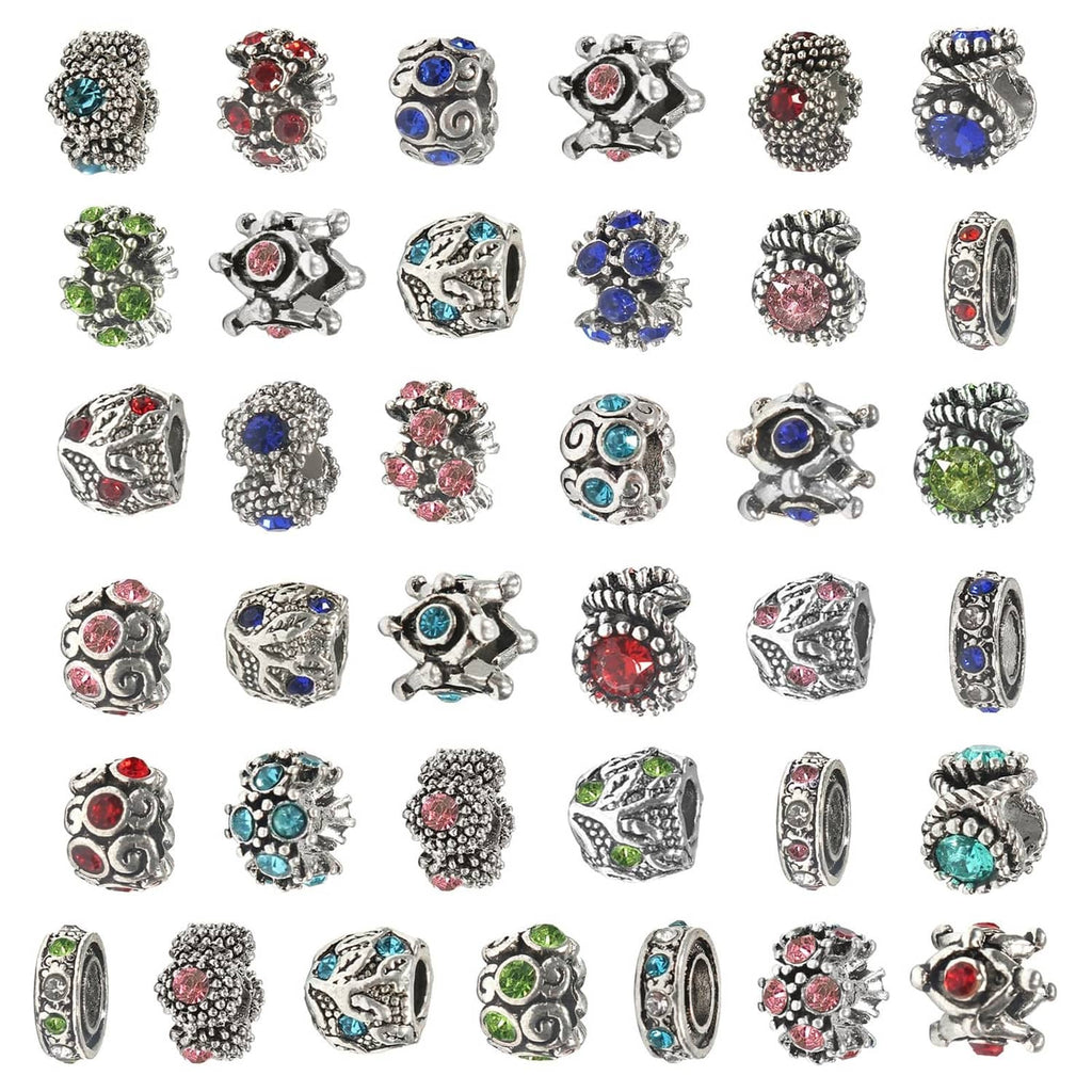 Assorted antique silver rhinestone charm beads with red, blue, green, and black stones