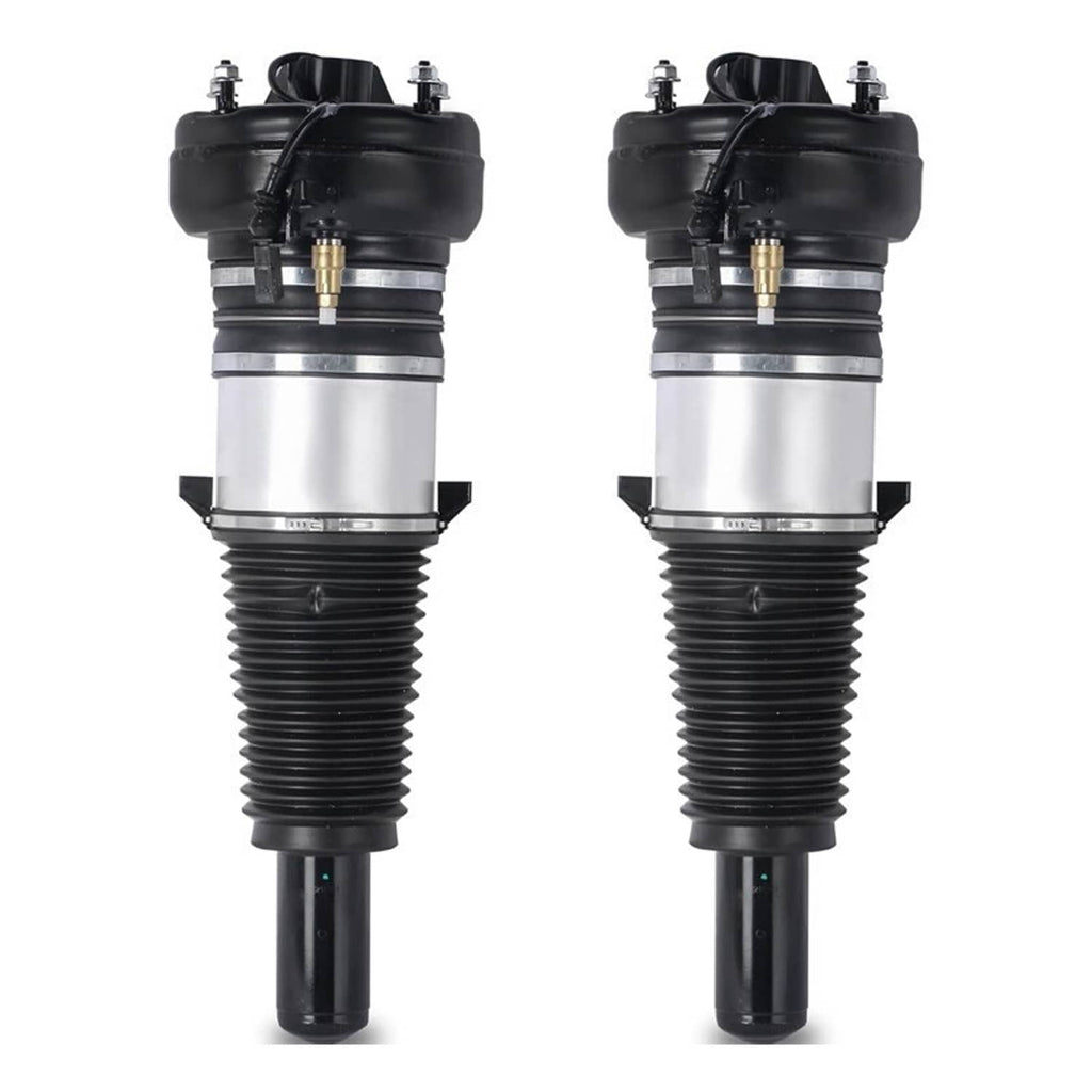 Pair of front air suspension struts with black upper housings, silver cylinders, and stems