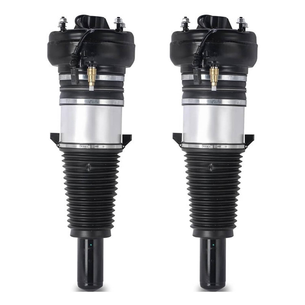 Pair of front air suspension struts with black upper housings, silver cylinders, and stems
