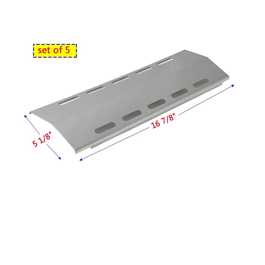 Grey metal grill heat plate, slotted front design, 16 7/8 in length.