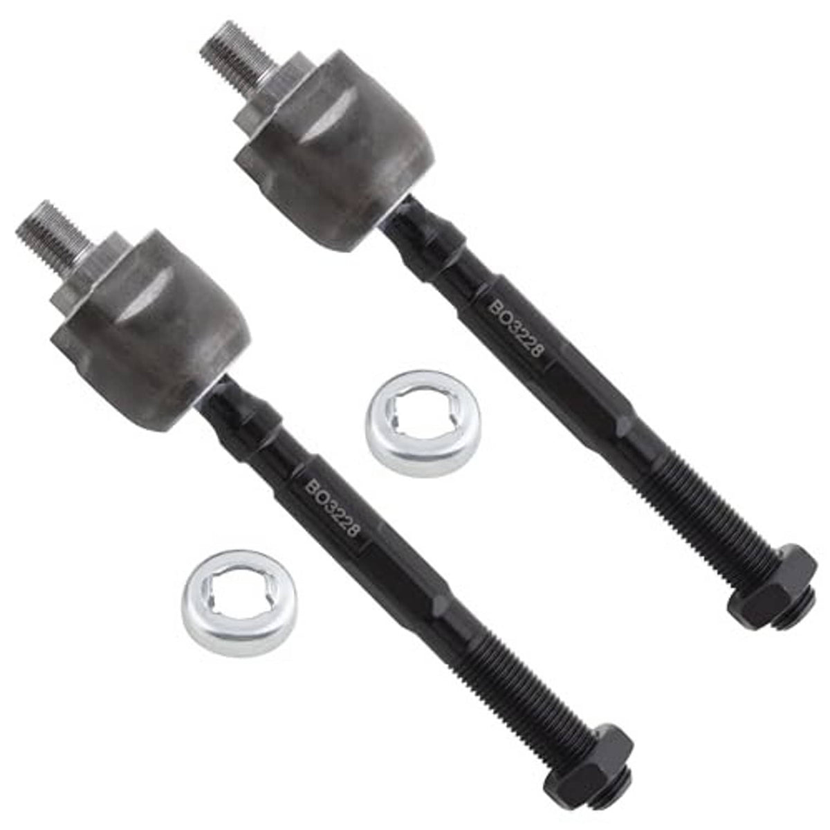 Two tie rod ends with black threaded shafts, silver end housings, and hex nuts