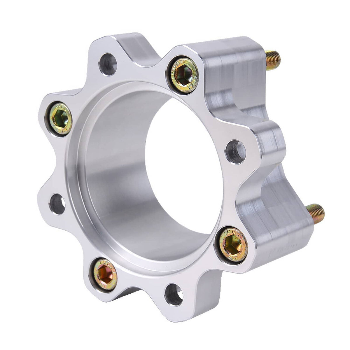 Silver wheel spacer with circular hub ring, bolt holes, and gold-tone threaded inserts