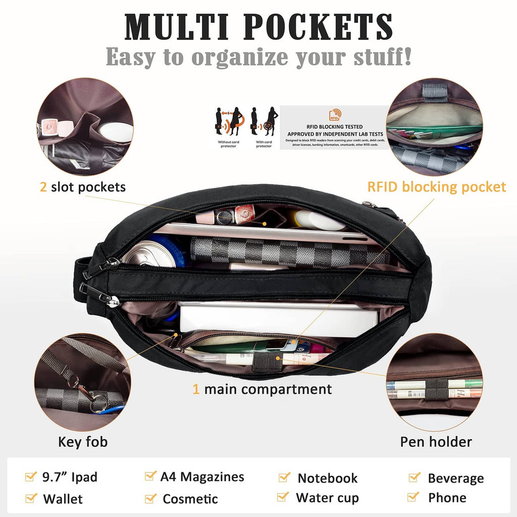 Black multi-pocket purse interior with card slots and RFID blocking pocket
