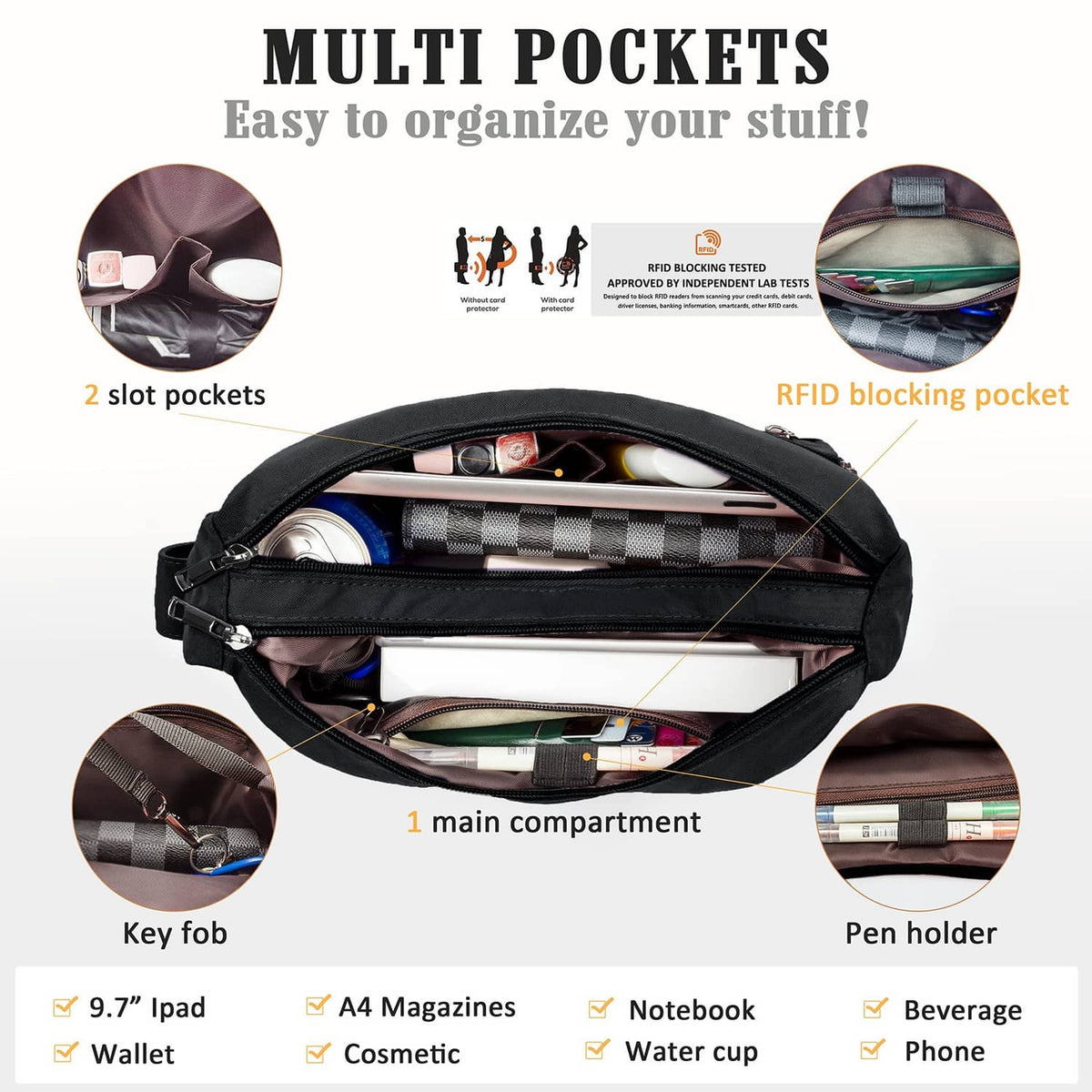 Black multi-pocket purse interior with card slots and RFID blocking pocket