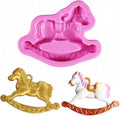 Pink silicone fondant mold with embossed rocking horse design.