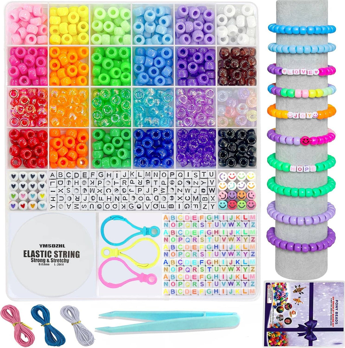 Bracelet making kit with multicolor beads, elastic string, and bracelet display