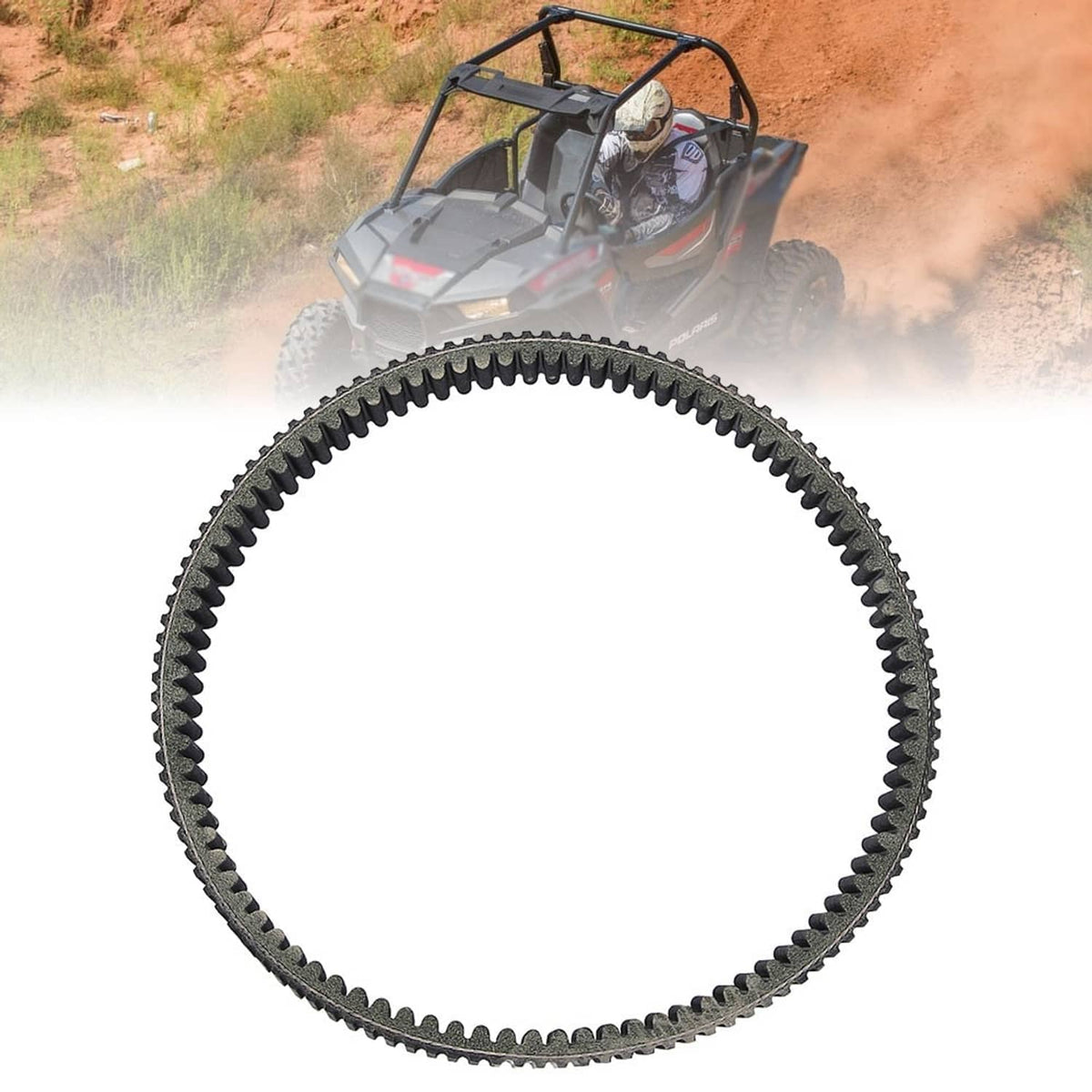 Drive belt loop with black ribs and gray traction teeth, shown in profile