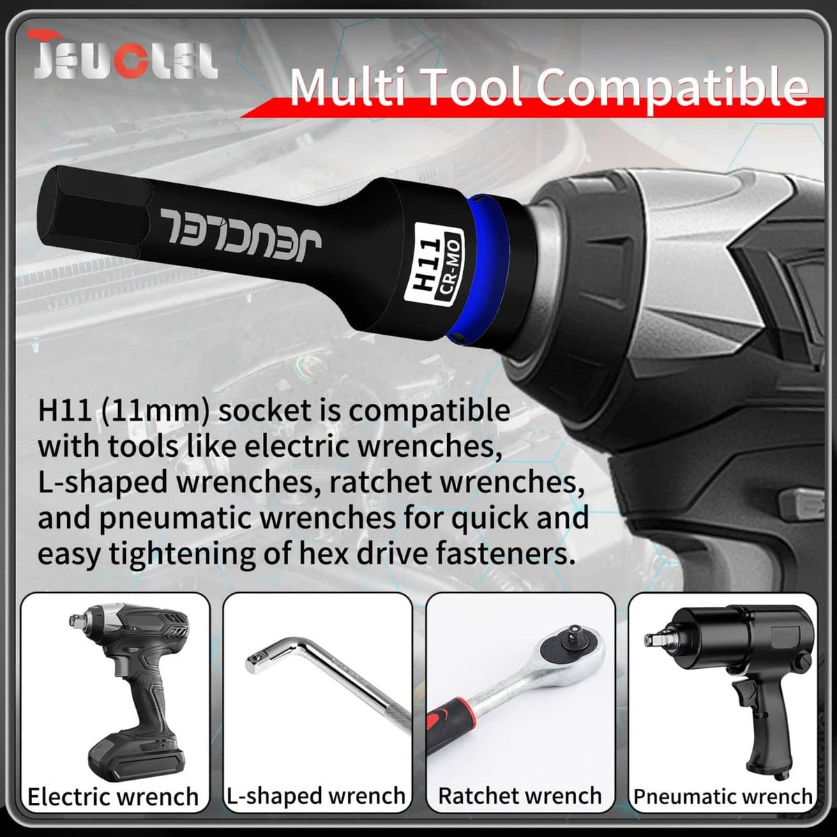 Multi-tool compatible H11 hex socket bit, black with blue band and H11 CR-Mo mark