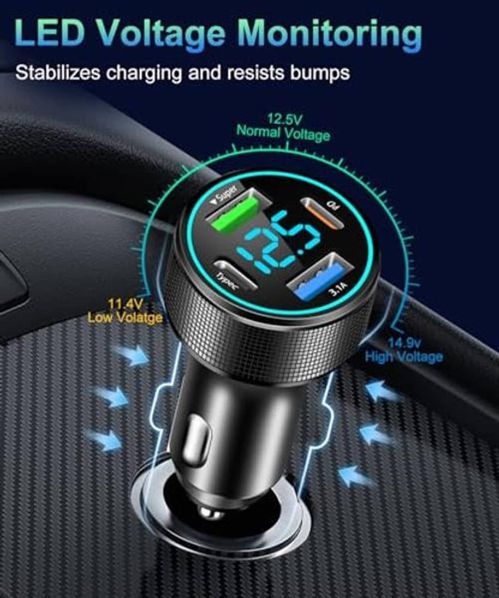 USB-C car charger with LED voltage monitoring display and blue-lit charging ports